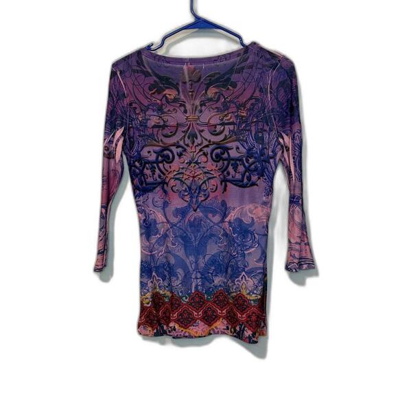Y2K Style Purple Multi color Print All over Henley T-Shirt - Picture 2 of 4
